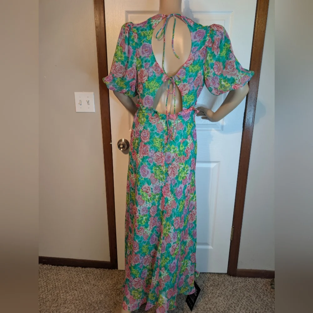 NWT ASTR The Label Esperanza Green PinkMulti Floral Dress w/V-Neck&Back Ties Med - Picture 3 of 11